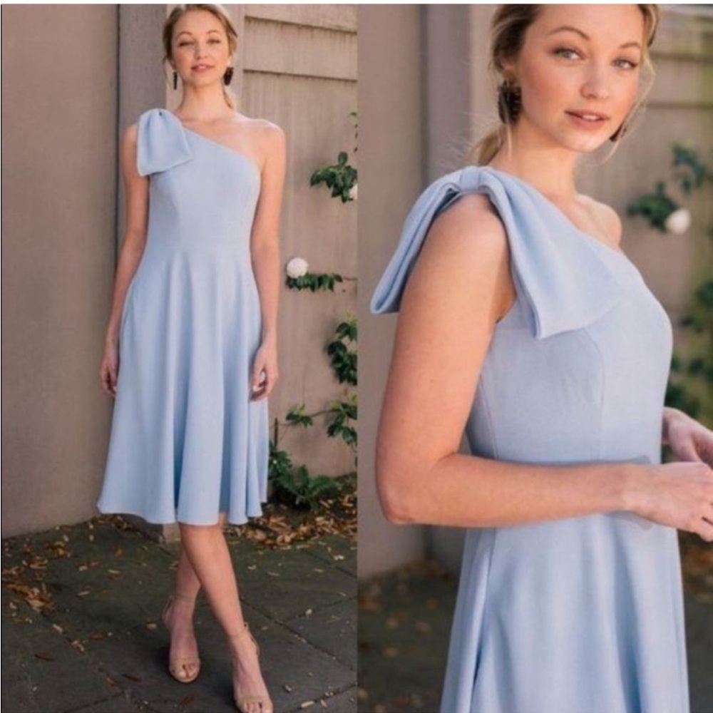 NWOT Gal Meets Glam Yvonne One Shoulder Knee-Length Crepe Cocktail Dress Blue 4
